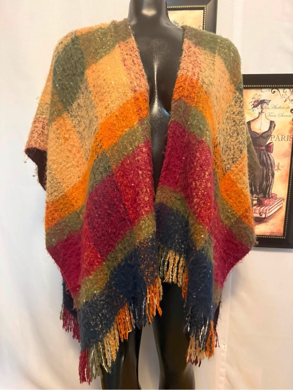 Sonoma Multicolor Fringe Knit Poncho in Burgundy, Orange, Olive & Navy